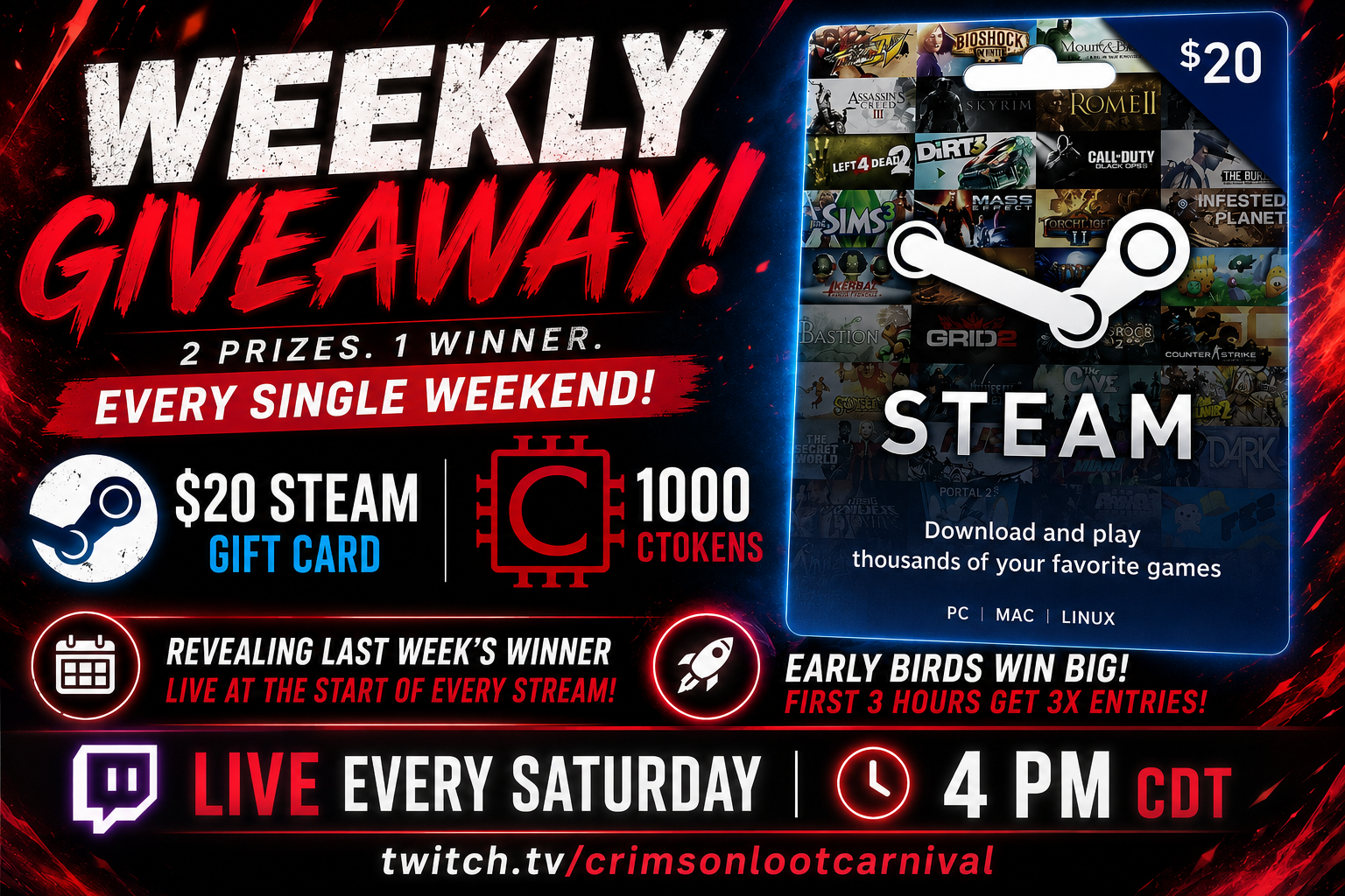 $20 Steam Gift Card + 1000 cTokens giveaway prize